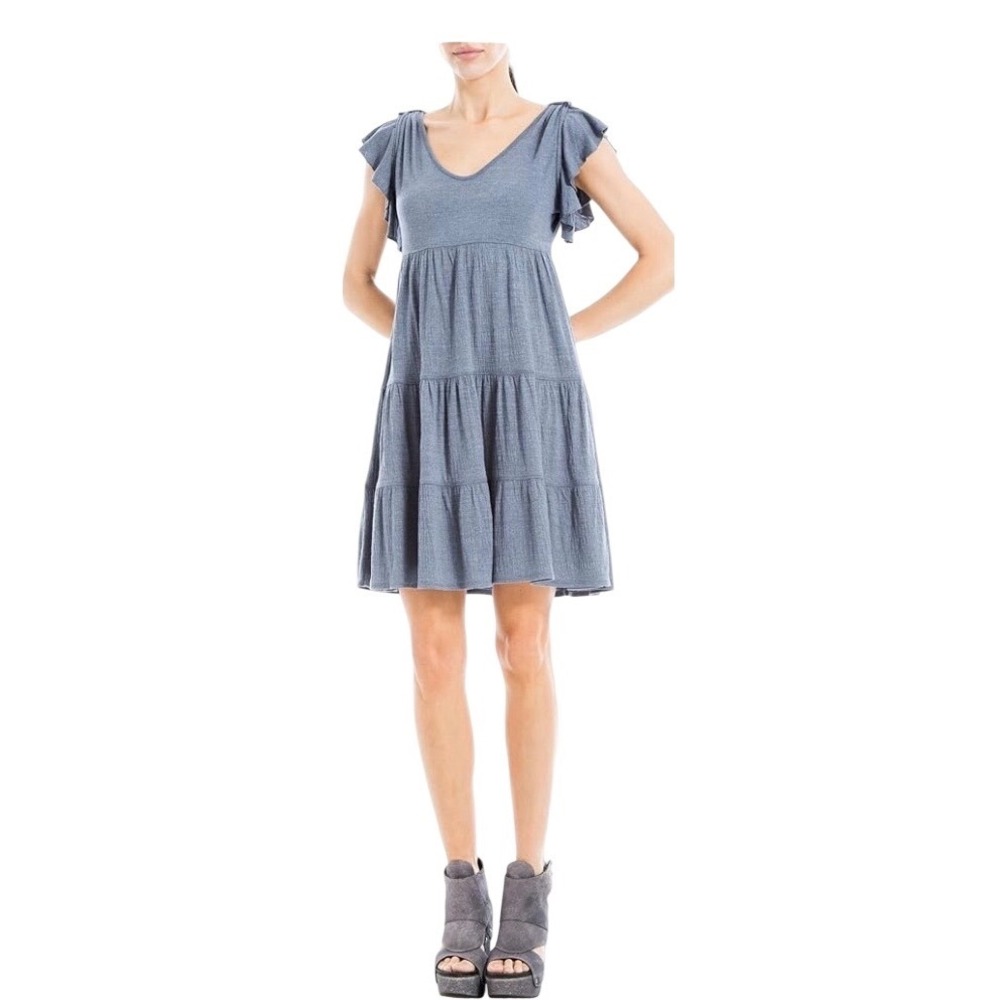 Max Studio Womens Blue Tiered Babydoll Dress Ruffle Cap Sleeve V-Neck Size M